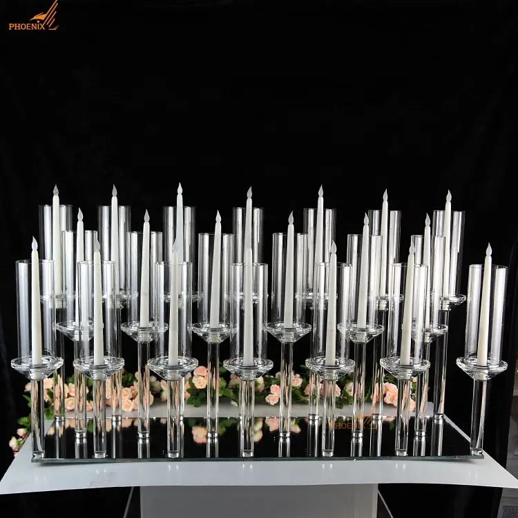 Luxurious 20 Arms Glass Mirror Rectangle Base Clear Candelabra For Wedding Table Centerpieces
