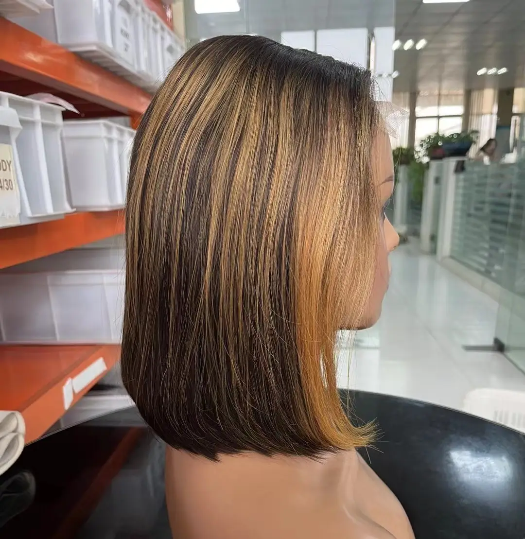 Peruca de cabelo brasileiro, 100% raw humano liso #4/27 mix de cores 4*4 com fecho bob