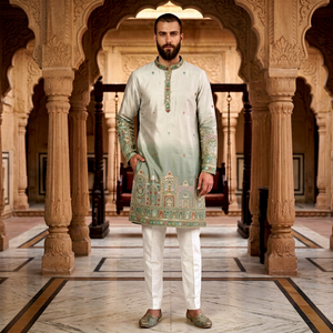 Conjunto de Kurta Bordado para Hombre con Diseño Tradicional Indio-Pakistaní, Corte Regular, Largo hasta el Tobillo, Algodón Blanco y Verde Menta - Product Image 1