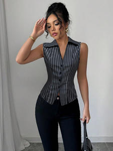 European and American <b>sleeveless</b> striped shirt 2026 summer temperament slim shirt <b>cardigan</b> top <b>women's</b> clothing - Product Image 5