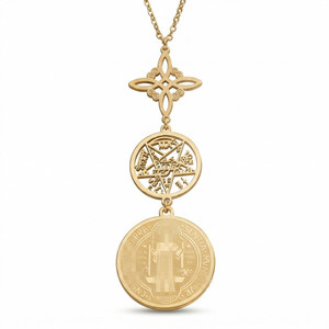 Cadena <span class=keywords><strong>de</strong></span> bambú <span class=keywords><strong>de</strong></span> acero inoxidable con triple colgante, grabado a doble cara, pentagrama <span class=keywords><strong>de</strong></span> San Benito, regalo <span class=keywords><strong>de</strong></span> bruja, superventas transfronterizo - Product Image 3