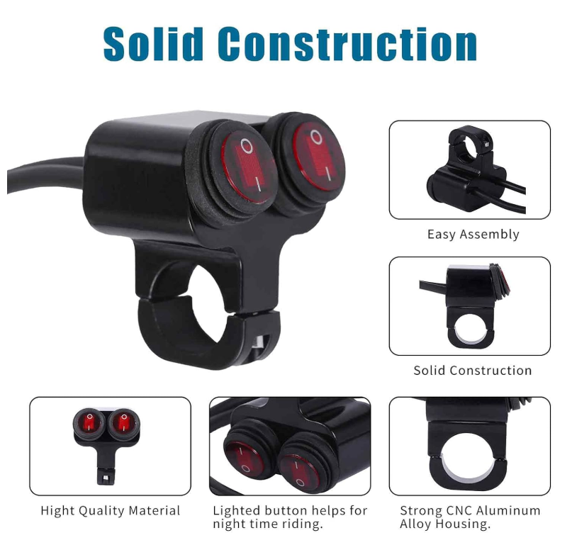 12V Waterproof Motorcycle Handlebar On/Off Switch – Aluminum Alloy – 22mm Bar – For ATV / Fog Light