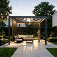 Pergola bioclimatique motorisée en aluminium avec panneau de confidentialité à lattes verticales, toit à lamelles électriques, pergolas en aluminium
