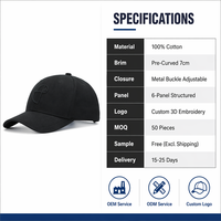 Gorra de Béisbol de Lujo Geométrica, Personalizada con Logotipo Bordado, de Sarga de Algodón Negra, Estructurada, de 6 Paneles, Ajustable, con Hebilla de Cobre Plateado