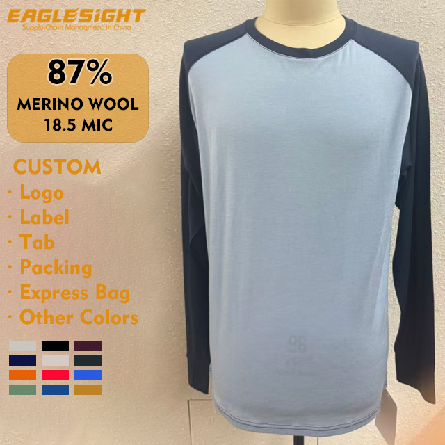 Men's Solid Long Sleeve 18.5 Micron Merino Wool T-Shirt 87% Merino 13% Nylon 180gsm Jersey Lightweight Breathable Base Layer