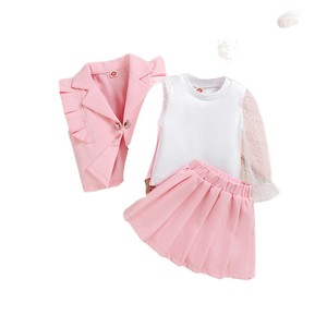 Nouvel ensemble automne pour filles : <span class=keywords><strong>Gilet</strong></span> multicolore ajouré, chemise à manches longues et jupe courte plissée en polyester/coton - Product Image 5