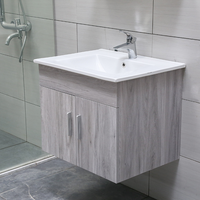 Meuble-lavabo suspendu minimaliste, armoire en PVC gris, lavabo en céramique, miroir LED anti-buée à lumière douce pour la maison, le condo, l'hôtel, les espaces de bureau