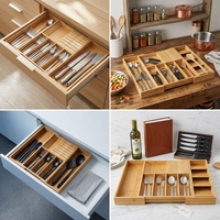 Boîte de rangement extensible pour ustensiles de cuisine en bambou GL avec porte-couteau Boîte de rangement pour couteaux en bambou