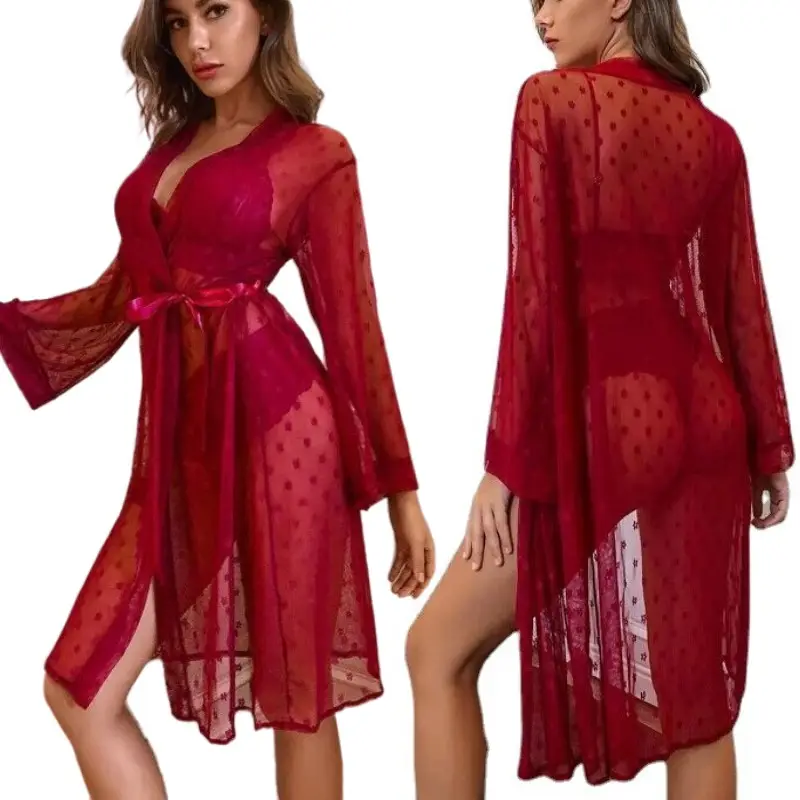 3-piece women's transparent sexy lace mesh robe gowns for women plus size women's sleepwear