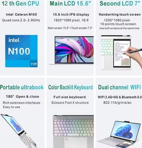 New 15.6 inch + 7 inch IPS Màn hình kép cảm ứng PC máy tính xách tay 1080P giá rẻ nhất OEM Intel Celeron N100 Quad Core computadoras máy tính xách tay - Product Image 2