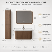 Meuble-lavabo de salle de bain en noyer courbé sur mesure OEM 900 mm avec vasque en Solid Surface et armoire latérale haute – Fourniture pour le marché de l'ameublement sanitaire