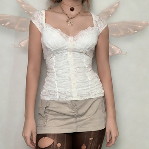 Camiseta de punto ajustada para mujer con encaje, volantes, cuello en V y botones frontales, manga corta, estilo casual de verano - Product Image 5