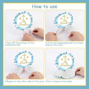 8 Piezas de Centros de Mesa de Panal de Abeja para Bautizo, <span class=keywords><strong>Primera</strong></span> Comunión, Decoraciones de Mesa Azules, Artículos para Fiesta de Baby Shower con la Frase 'Dios te Bendiga' - Product Image 3