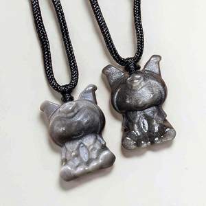 Venta al por mayor tallado a mano 2-3cm plata Natural obsidiana cristal melodía dibujos animados Kuromi tallado COLLAR COLGANTE para regalo - Product Image 5