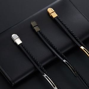 Pulsera de Hombre Personalizada de Acero Inoxidable 316l, Grabada, Chapada en Oro de 14k y 18k, Pulsera de Cuero Trenzado Multicapa de Moda para Hombre - Product Image 3