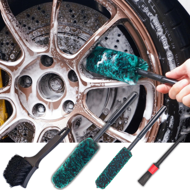 4-Pack Green Car Detailing Kit Plastic Wheel and Fender Auto Brushes Car Duster Cleaning Brush Set