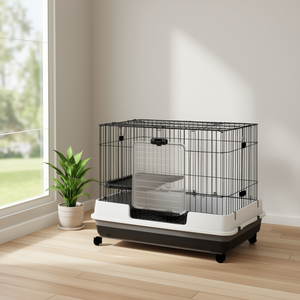 Cage à lapins noire à 2 niveaux avec plateau amovible, cage pour petits animaux, pour lapins, chinchillas, furets, cage pour animaux de compagnie avec roulettes - Product Image 2