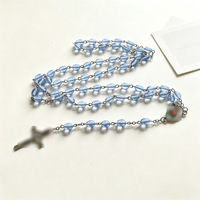 Collier de prière en perles de verre ovales 59 perles avec pendentif croix, perles de verre 6x9MM, bijoux catholiques, vente en gros