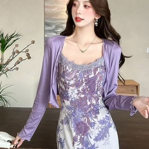 Wisteria Floral Print Slip Dress With Cardigan Set Empire Waist Strapless Long Skirt Chinese Style Spliced Evening Dress - Product Image 5