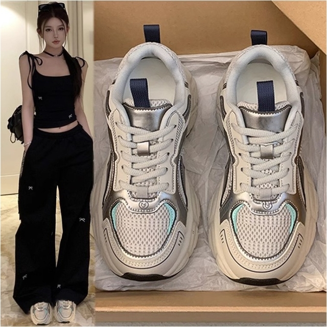 2026 New Women Silver Mesh Height Increasing Platform Dad Sneakers Lace up Casual Walking Wholesale
