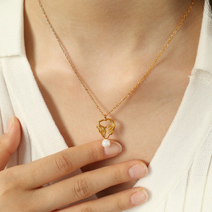 Women's Gold Heart Wing <b>Pearl</b> Necklace Earrings <b>Set</b> Everyday Wear - Product Image 4