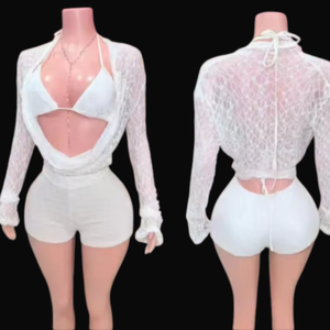 Viviblook Y25ST234 2025 Conjunto de 2 Piezas para Mujer, Nuevo, Sexy y Atrevido, Transparente, Manga Larga, Pantalones Cortos, Traje de Encaje para Damas - Product Image 1