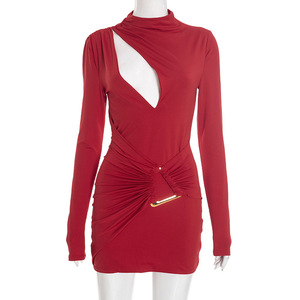Nuovo Abito Casual da Donna Primavera 2026, Mini Abito Elegante a Tinta Unita con Dettagli Traforati e Plissettati, <span class=keywords><strong>Vestito</strong></span> Corto Vintage - Product Image 5