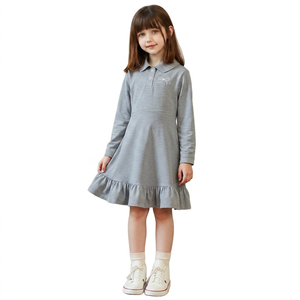 Girls Gray <b>Long</b> Sleeve Polo Dress with Ruffle Hem Embroidered Logo A-Line Knitted 100% Cotton Knee-Length Casual Style - Product Image 1