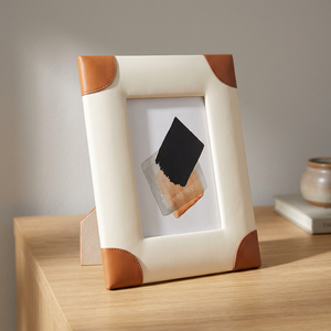 Minimalist Leather <b>Photo</b> Frame Rectangle Vertical Tabletop White with Brown <b>Corners</b> Attractive Style Unique Design Home Decor - Product Image 1