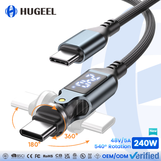 240W Type c Fast Charging Cable with Digital Display 540° Rotation Right-Angle Cable for Phone Laptop Tablet USB C Data Cable