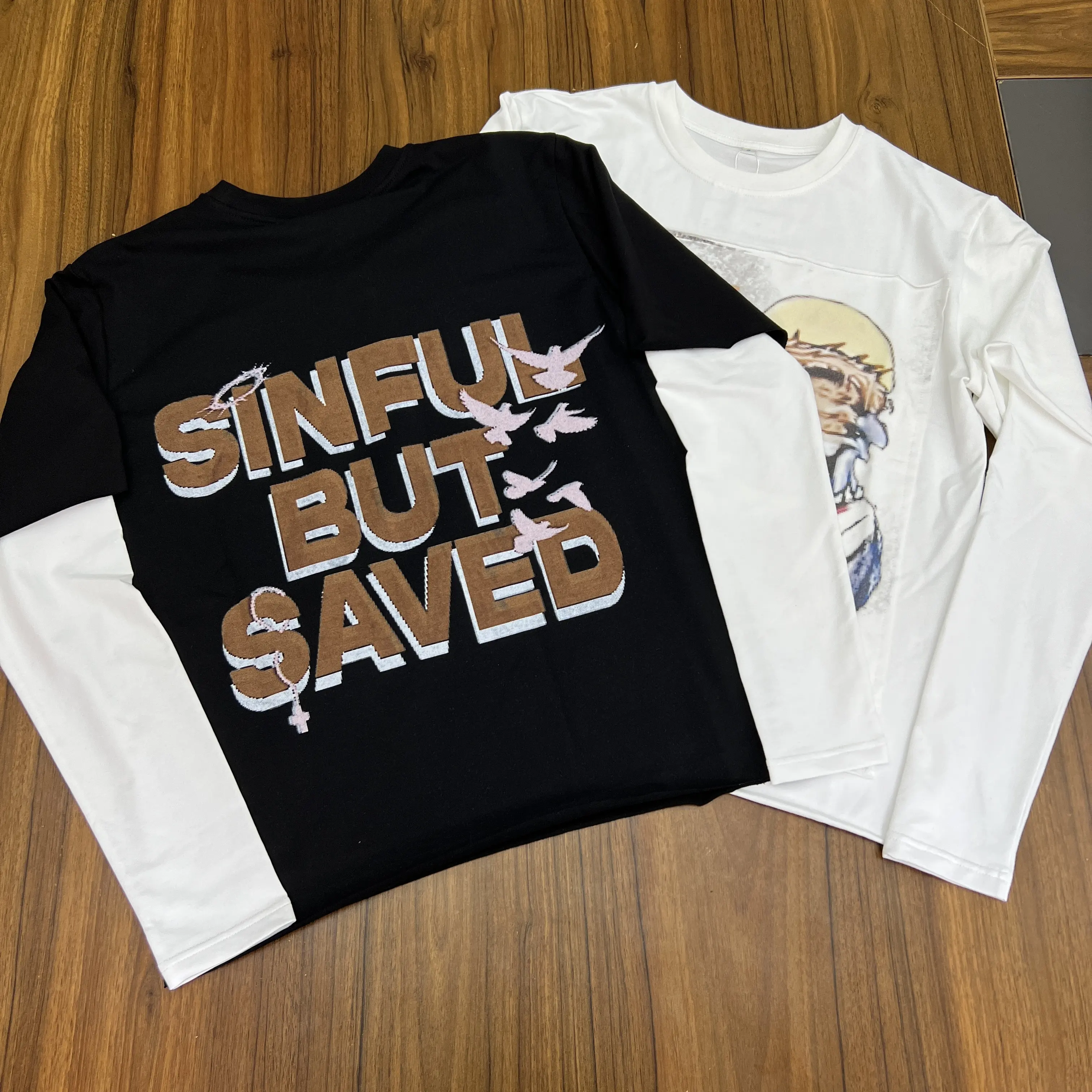 Custom manufacturer streetwear tee vintage screen printing double layer heavyweight long sleeve t shirt for men