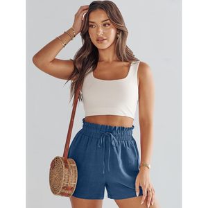 FOXA Pantalones cortos de lino para mujer, de verano, de cintura alta, con cordón, holgados, de pierna ancha, informales, para vacaciones en la playa, con bolsillos - Product Image 6