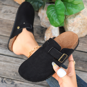 Mules en daim à bout fermé pour femme, avec bride à boucle, talon plat, sabots souples, chaussures décontractées, camel, noir, kaki - Product Image 2