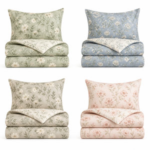 Parure de lit 3 pièces en coton botanique vert sauge, douce et respirante, motif floral, avec fermeture éclair - Product Image 3