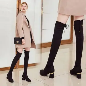 Женские ботфорты из искусственной замши, Черные Сапоги выше колена на высоком каблуке, 2021
