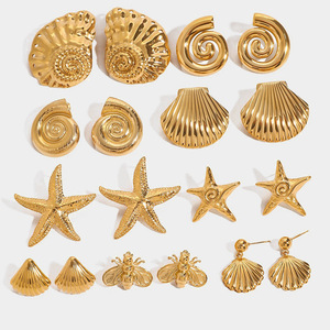 Boucles d'oreilles clous en acier inoxydable plaqué or, <span class=keywords><strong>pas</strong></span> chères, pour femme, style minimaliste, étoile de mer et coquillage, accessoires tendance, vente chaude - Product Image 1