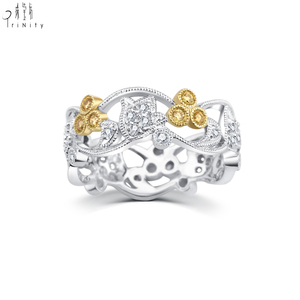 เครื่องประดับทองคำแท้18K แหวนดอกไม้แฟนซีเพชรแท้โบราณดีไซน์ในสีขาวสีเหลืองเครื่องประดับสองโทนสี - Product Image 2