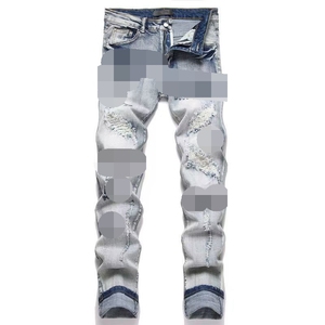 Nuovi <span class=keywords><strong>Jeans</strong></span> Casual da Uomo Stile Europeo e Americano a Vita Media <span class=keywords><strong>Strappati</strong></span>, Modello Dritto Eco-Friendly Lavaggio Medio per High Street - Product Image 5