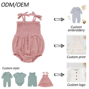 100%オーガニックコットンモスリンベビーロンパース（肩に蝶結び、胸元にスモック加工） |   ノースリーブスナップクロッチ幼児用ボディスーツ - Product Image 6