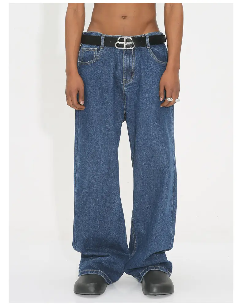 Jeans klasik pria model Korea, celana Denim lurus uniseks, celana jins kaki lebar, celana Hip Hop hitam dan biru kosong untuk pria 2023