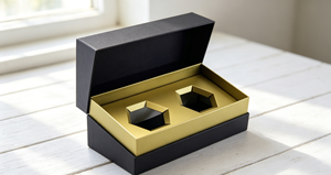Boîte cadeau à deux compartiments en carton rigide noir avec insert en papier doré, design haut de gamme écologique, fermeture magnétique, découpe. - Product Image 2