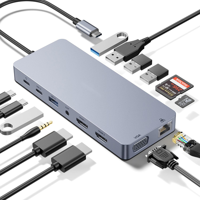 14 in 1 Multiports Laptop USB C Docking Station Type C Hub with Dual HDMI VGA USB-A and C 5Gbps SD TF Card Slot RJ45 PD100W