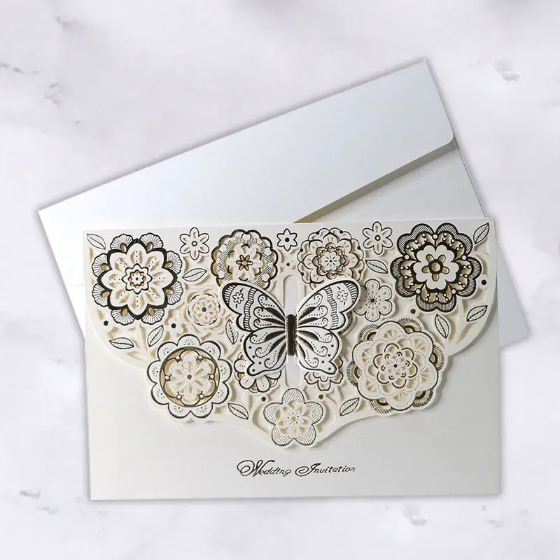 Бежевый Новый дизайн 3D бабочка Лазерная резка открытка свадебное приглашение с конвертом