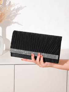 Bell Luxury Elegant Square Pleated Satin Sparkling Diamond <b>Clutch</b> Bag for Women Evening Party <b>Wedding</b> Bridal Black Famous - Product Image 3