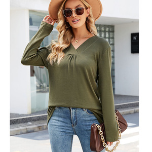 Vente en gros de chemisier pour femmes de haute qualité automne nouvelles dames décontracté col en V couleur unie à manches longues T-shirt ample pour femmes - Product Image 6