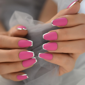 <span class=keywords><strong>Uñas</strong></span> Postizas Medianas Tipo Ataúd con Puntas Francesas Metálicas, <span class=keywords><strong>Uñas</strong></span> Acrílicas <span class=keywords><strong>Mate</strong></span>, <span class=keywords><strong>Uñas</strong></span> Postizas Rosas para Mujer, Otoño, 24 Piezas - Product Image 4