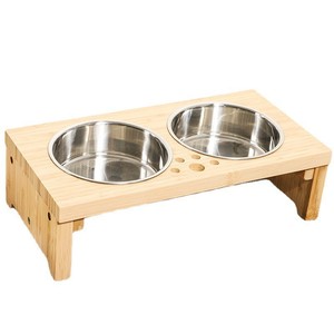 Bamboo Pet Food <b>Bowl</b> <b>Stand</b> 39.5x19.5x10.5cm Elevated Stainless Steel Double <b>Bowl</b> For <b>Dogs</b> Cats - Product Image 5