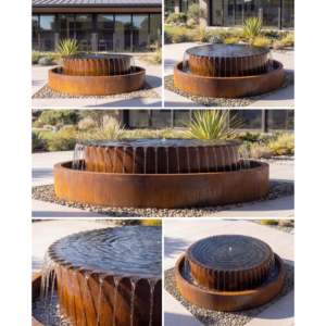 Fontaine à débordement moderne en acier Corten Damla Water Features TOS-C, diamètre 120 cm, patine de rouille, pour jardin et terrasse extérieurs - Product Image 2