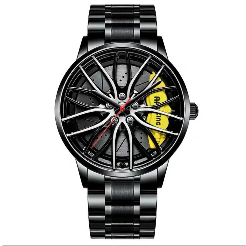 ساعة يد رجالي رياضية من الفولاذ المقاوم للصدأ بتصميم عصري جديد على شكل عجلة سيارة حافة كوارتز ساعة رجالي ذات محور
