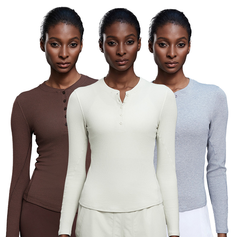 D25146 Women Long Sleeve Crew Neck Nude Feeling Slim Fit Tight Quick Dry with Buttons Sports Casual Wearing Yoga Top